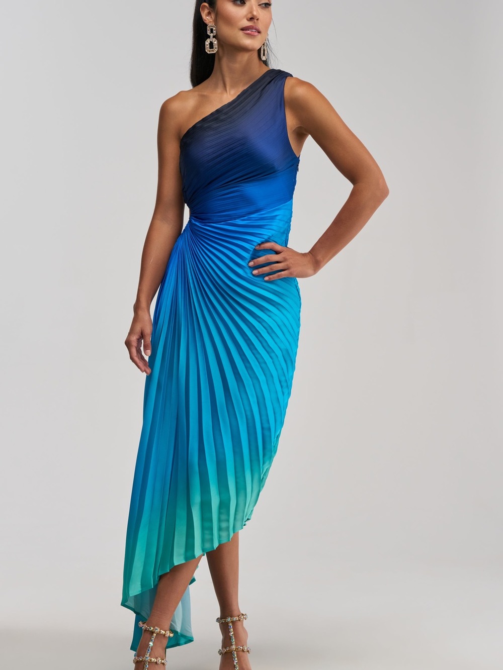 WILD CARD ONE SHOULDER OMBRE MIDI DRESS IN BLUE